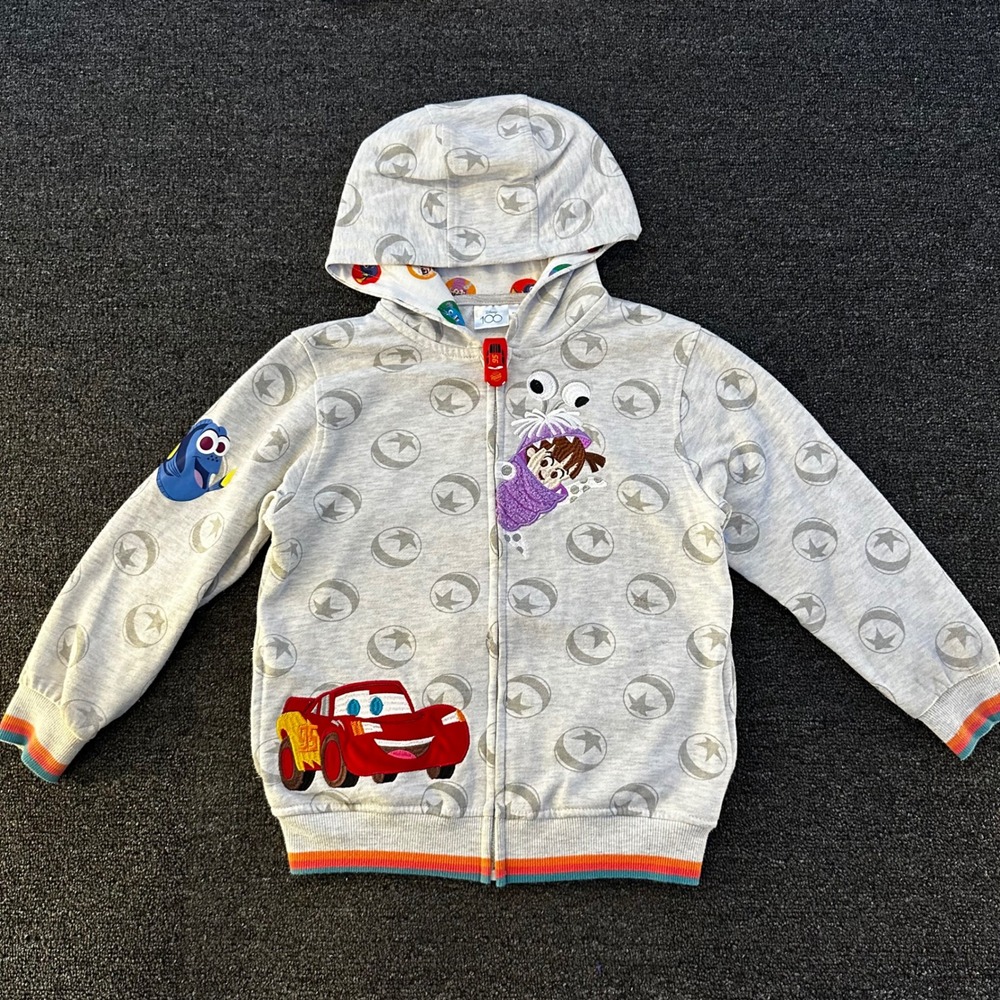 Disney 100 Pixar Zip Up Hoodie Boys 7 Grey Lightning McQueen Boo Dory Good